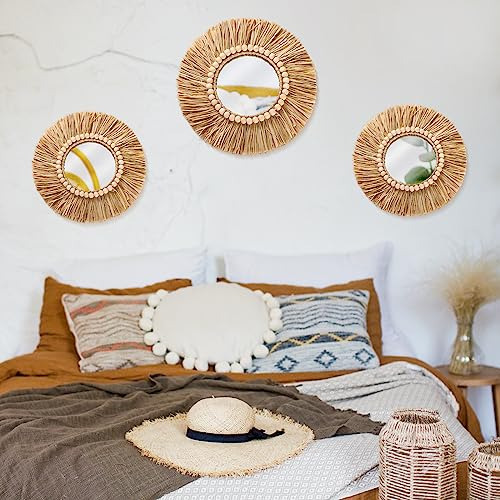 3 Piezas Decorativas Colgantes De Pared Con Espejo Boho Y Mi