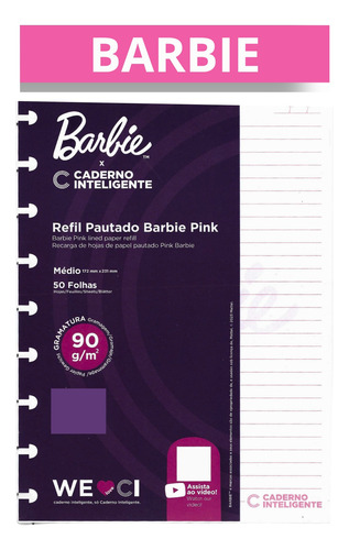 Caderno Inteligente Refil Bloco Medio Pautado Barbie Pink
