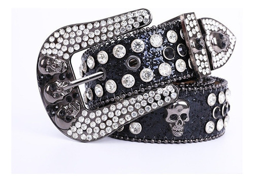 Cinturón De Diamantes Imitación Cintura Punk De Moda Cráneo Color Negro Talla 105cm