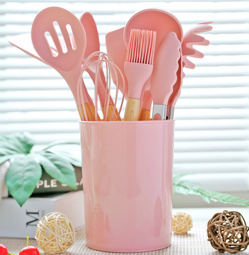 Kit 12 Utensílios Cozinha Silicone Cabo Madeira Chega Hj Sp Cor Rosa