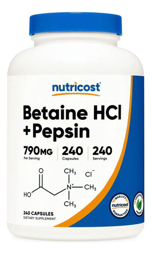 Betaina Hcl Pepsina  790mg 240cps Nutricost Sabor Neutro