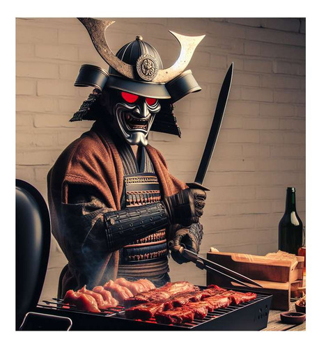 Vinilo 60x60cm Samurai Cocinando Parrilla Brasas Fuego