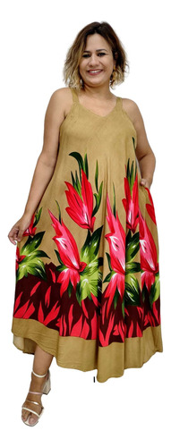Vestido Trapézio Estampa Tulipa Alça Indiano Plus Size 5042