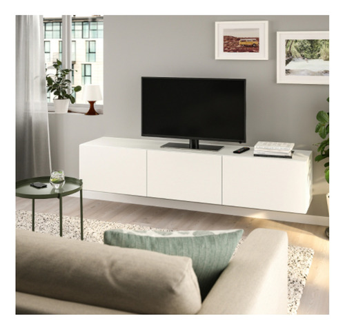 Mueble Tv Rack Laqueado Flotante 3 Puertas 180x25x30 Blanco