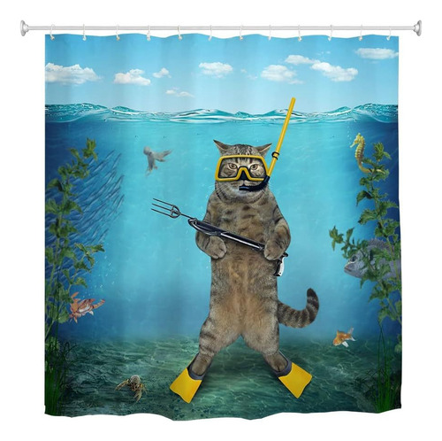 Cortina De Baño Gato Nadando Atrapando Peces