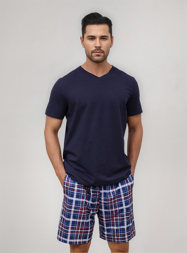 Pijama Para Hombre Conjunto Playera Y Bermuda Con Bolsillos