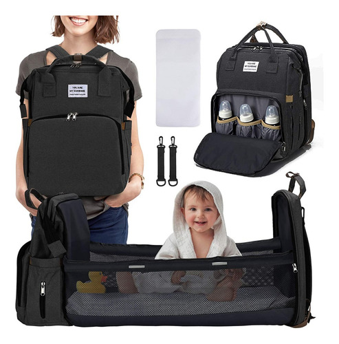 Bolsa Mochila Criança Vira Chiqueirinho Com Bolso Térmico Cor Preto Desenho Do Tecido Liso