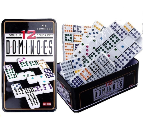 Juego Domino Doble 12 En Caja Metálica 91 Fichas Color 