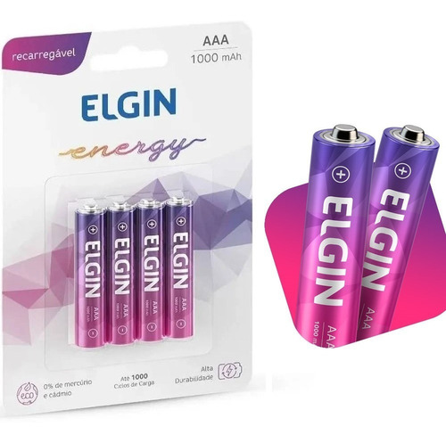 Imagem 1 de 6 de Pilha Recarregável Palito Aaa 4 Unidades 1000mah Elgin