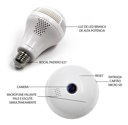 Lâmpada Câmera Led Wifi Ip Hd Panorâmica 360º Espiã Celular