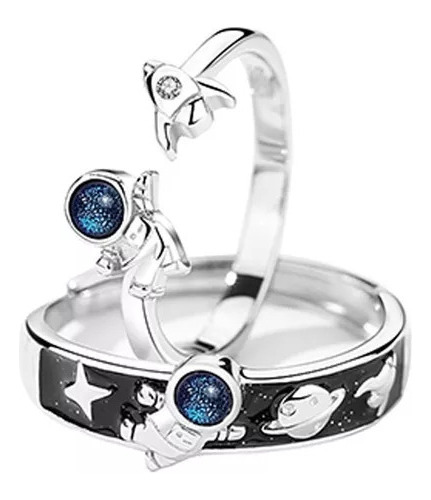 Par Anillos De Astronauta Pareja Cobre Promesa Ajustable 01