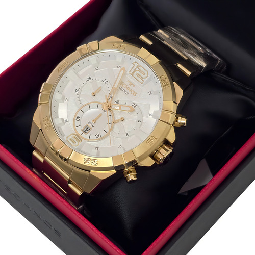 Relógio Technos Masculino Legacy Caixa Grande Js26afa/1b Correia Dourado Bisel Dourado Fundo Branco