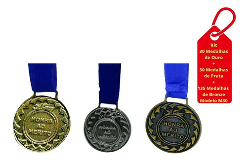 Kit C/30 Medalha Ouro+30 Medalha Prata+135 Medalhas Bronze Cor Ouro, Prata e Bronze