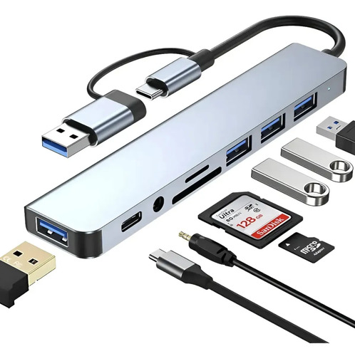 Hub Usb C Multipuerto Linkernel 8 En 1 Con Adaptador Usb Y Lector Sd/tf Para Macbook, iPad Y Pc Gris