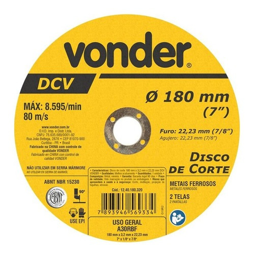 Vonder Disco De Corte 180mm Para Aço E Materiais Ferrosos