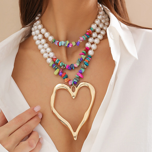Collar Con Colgante De Corazón Grande De Amor Multicapa Para
