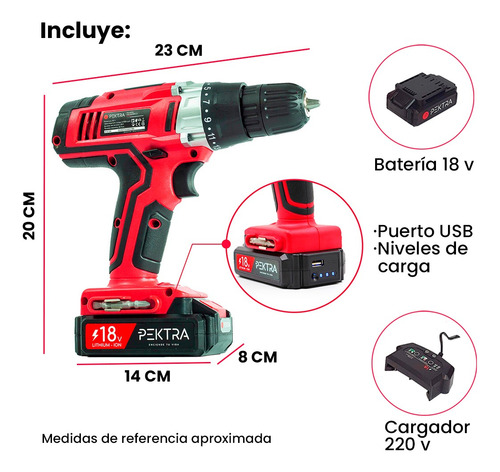 Taladro atornillador inalámbrico de 10mm Pektra PKTCD312 18V + accesorio 220V