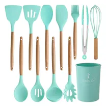 Comprar Set Kit X12 Utensilios De Cocina Mango Madera Punta Silicona