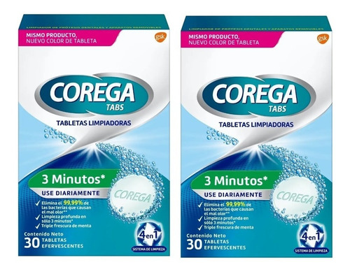 Pack X2 Corega Tabs 3minutos Limpiador Prótesis Dentales X30