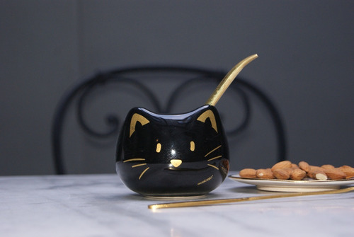 Mate Gato Cat Negro Gold Con Forma Cat Chefalu Acabajo