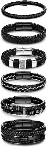 Jstyle Juego De 6 Pulseras De Cuero Negro Para Hombres Y Muj