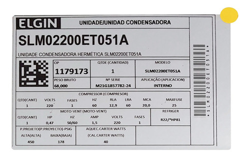 Unidade 2 Hp Elgin Slm 2200 Mono R22 220 V