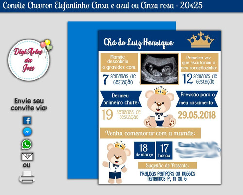 Imagem 1 de 2 de Convite Digital Chá De Bebê Príncipe Urso Azul Royal