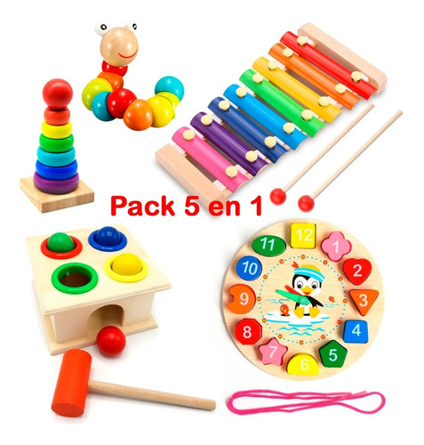 Pack 5 Juguetes Didácticos De Madera Para Niños Montessori D