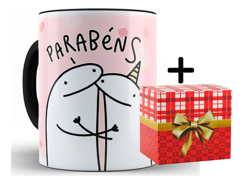 Caneca Meme Parabéns Mais Um Ano Alça Preta Cerâmica + Caixa