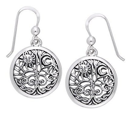 Aros De Plata Esterlina Con Árbol De La Vida, Sol Y Luna.