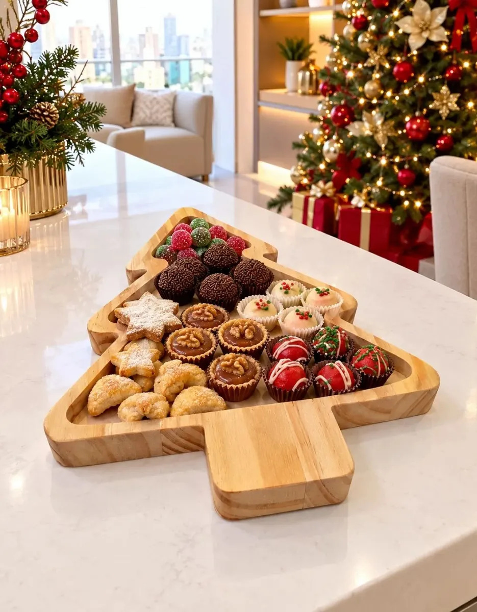 Petisqueira Árvore De Natal Para  Frios Aperitivos Mesa Posta Cor Madeira Pinus Clara