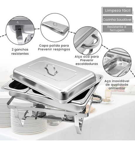 Rechaud Retangular Inox 3 Cubas Gn 1/3 X 65 Mm 9 Litros Buffet Self Service Banho Maria Com Alça E Tampa Removível