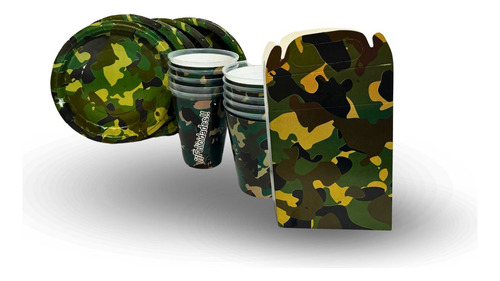 Kit Platos, Vasos, Dulceros 40 Invitados Personajes Camuflado