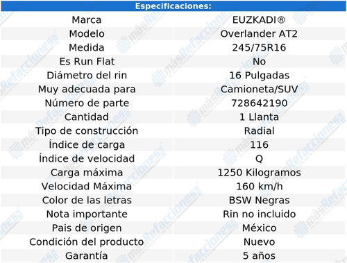 1- Llanta Euzkadi Overlander At2 245/75r16