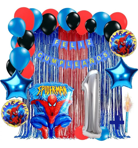 Kit Decoración Spiderman Rojo Azul Cortina Feliz Cumpleaños