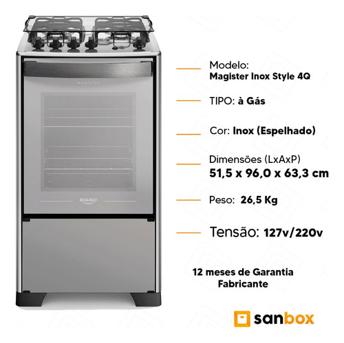Fogão Dako Magister Inox Style A Gás 4 Boca Mesa Inox-bivolt