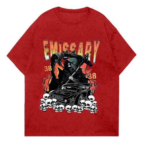 Camiseta Escrita Emissary Desenho Chamas Caveira Ceifador