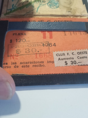 Antiguo Carnet Club Ferrocarril Oeste Socio Plenario 1964 (Usado)