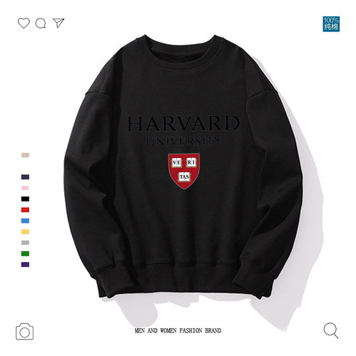 Sudadera Redonda Con Estampado Negro De La Universidad De Harvard Para Hombre Y Mujer