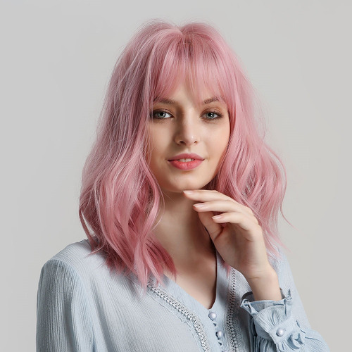 Imagen 2 de 8 de Peluca Rosa Bob Corta Cabello Sintética Cosplay Moda Mujer