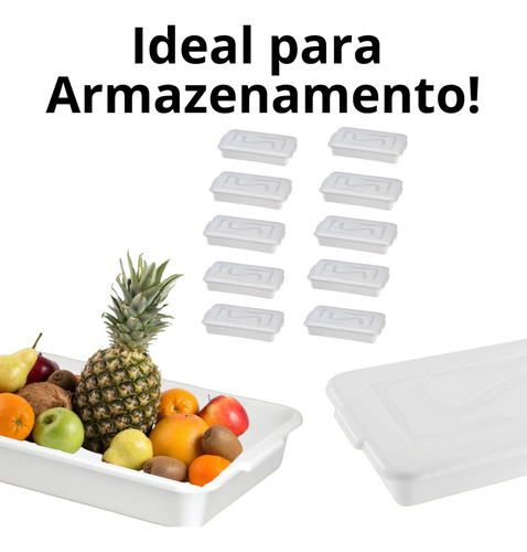 Kit Com 10 Bandejas Topa Tudo Alimentos Branca 8 Litros Com Tampa