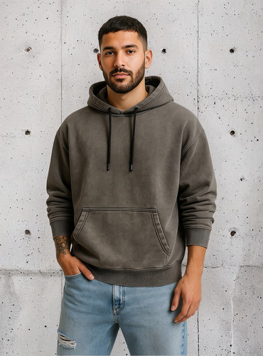 Buzo Hoodie Canguro Frizado Lavado Oversize Hombre