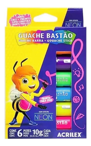 Tinta Guache Em Bastão C/ 6 Cores Neon - Acrilex
