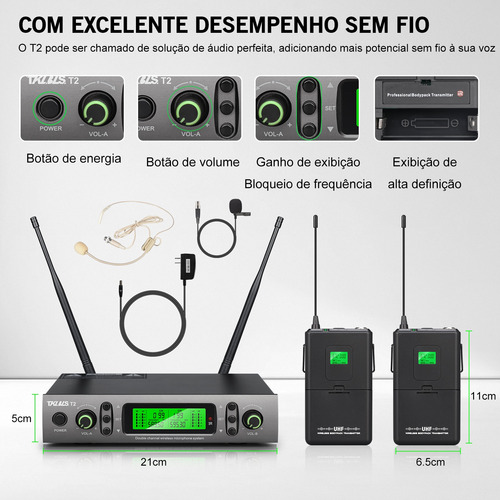 Microfone Sem Fio Tklbls 2 Lapelas 2 Headsetsinto 100 Canais