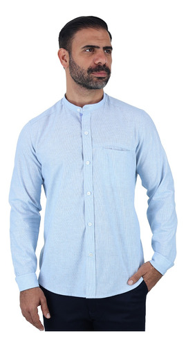 Camisa Manga Larga Para Hombre Con Cuello Mao Look De Lino 