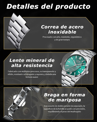 Reloj De Cuarzo Hombre Analógico Relojes Pulsera Moda Watch Correa Plateado Bisel Plateado Fondo Verde