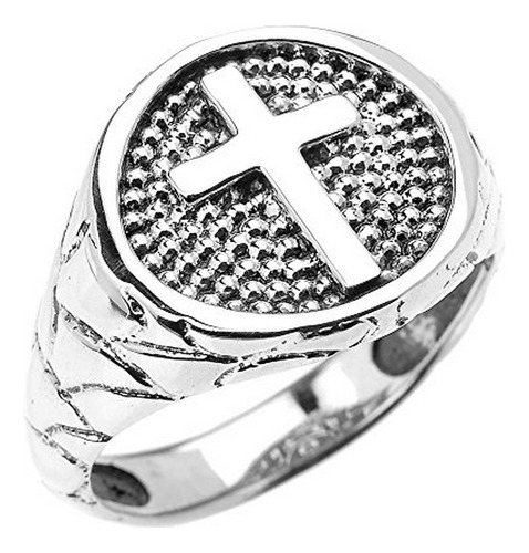 Anillo De Plata De Ley Con Textura De Banda Con Cruz Religio