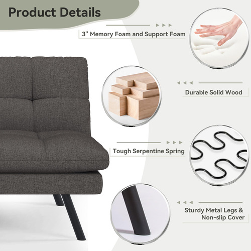 Sofá Cama Futón Convertible De Tela Lino Gris Ajustable