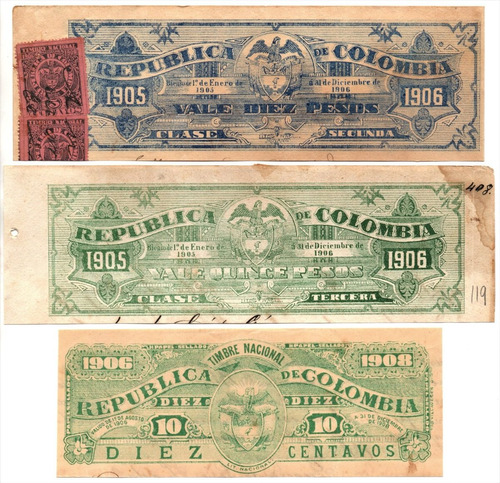 10 Centavos, 10 Y 15 Pesos 1905 - 1908 Papel Sellado
