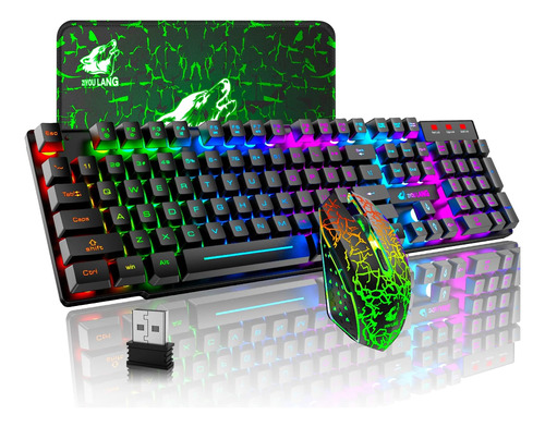 Teclado Y Mouse Inalambrico Gamer Black And Rainbow Led